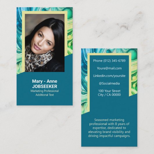 大理石エレガントジョブシーカークラシーティール（緑がかった色）グリーンイエロー 名刺 (正面/裏面)