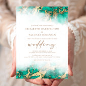 大理石エレガントティール（緑がかった色）グリーン金ゴールド結婚式招待状 招待状