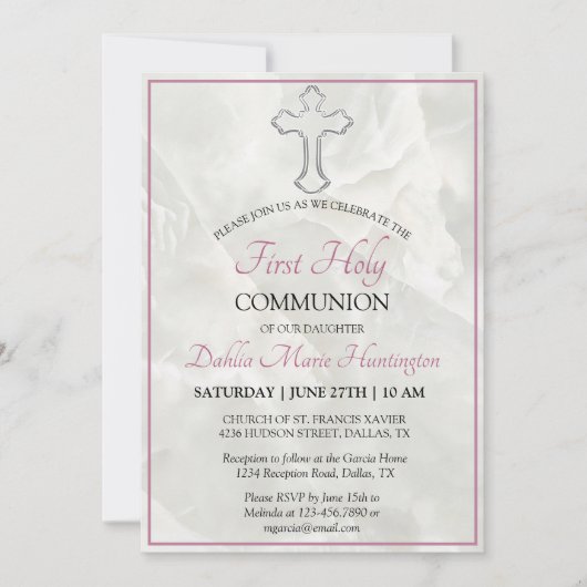 大理石エレガントピンクの女の子の最初の神聖な聖餐会 招待状 (正面)
