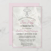 大理石エレガントピンクの女の子の最初の神聖な聖餐会 招待状 (正面/裏面)