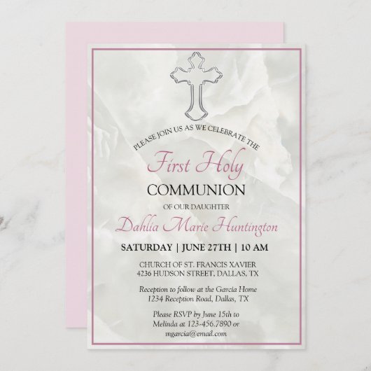 大理石エレガントピンクの女の子の最初の神聖な聖餐会 招待状 (正面/裏面)