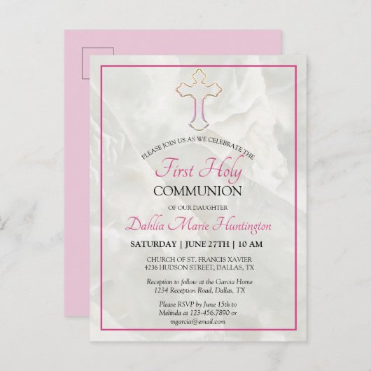 大理石エレガントピンクの女の子の最初の聖餐式 インビテーションポストカード (正面/裏面)