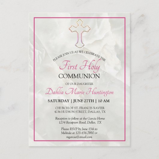大理石エレガントピンクの女の子の最初の聖餐式 インビテーションポストカード (正面)