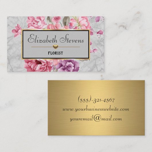 大理石エレガントフローラバラと金ゴールドハートフローリスト 名刺 (正面/裏面)