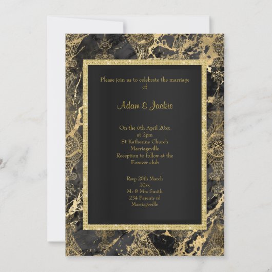 大理石エレガントブラック金ゴールドビンテージ結婚式 招待状 (正面)