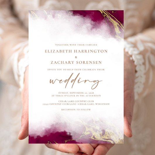 大理石エレガントブルゴーニュ赤金ゴールド結婚ズ 招待状