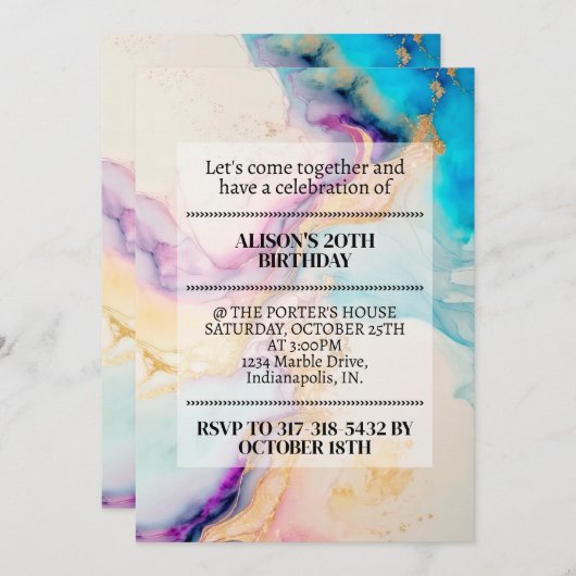 大理石エレガントプリント誕生日パーティー 招待状 (正面/裏面)