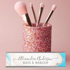 大理石エレガントホワイトアガテブルー金ゴールドグリッター デスクネームプレート