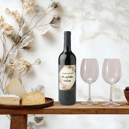 大理石エレガントワインに白と紫の花 ワインラベル