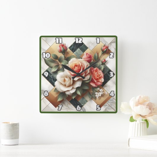 大理石エレガント上のカラフルバラの配置 スクエア壁時計 (ホーム)