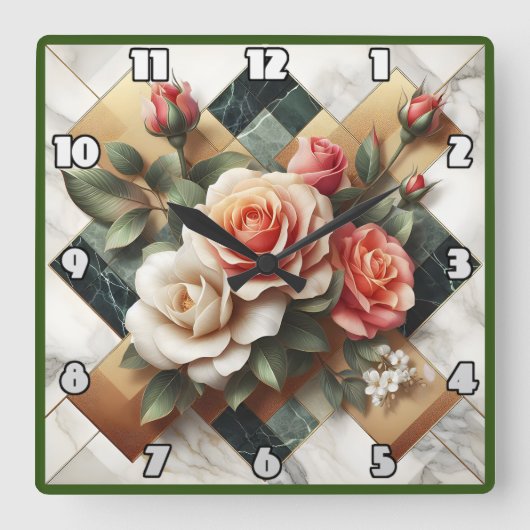 大理石エレガント上のカラフルバラの配置 スクエア壁時計 (正面)