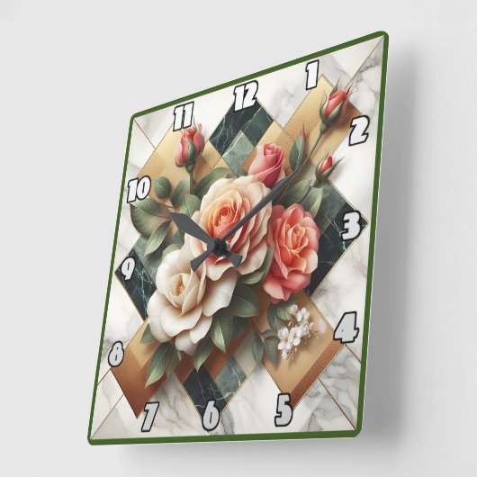 大理石エレガント上のカラフルバラの配置 スクエア壁時計 (傾斜)