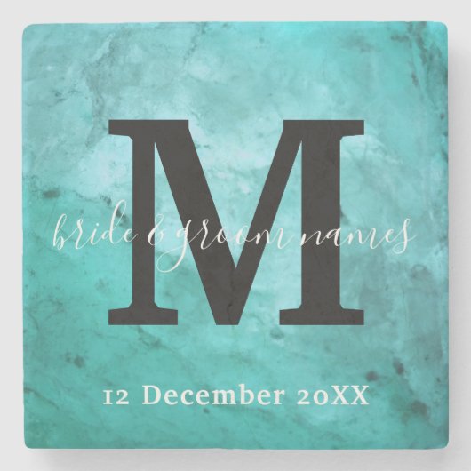 大理石エレガント白黒モノグラム結婚ズ ストーンコースター (正面)