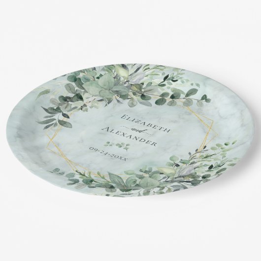 大理石エレガント緑金ゴールドジオメト結婚リ ペーパープレート (アングル)