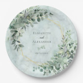 大理石エレガント緑金ゴールドジオメト結婚リ ペーパープレート (正面)