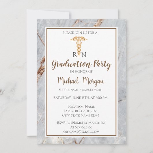 大理石エレガント金ゴールドナース卒業パーティー 招待状 (正面)