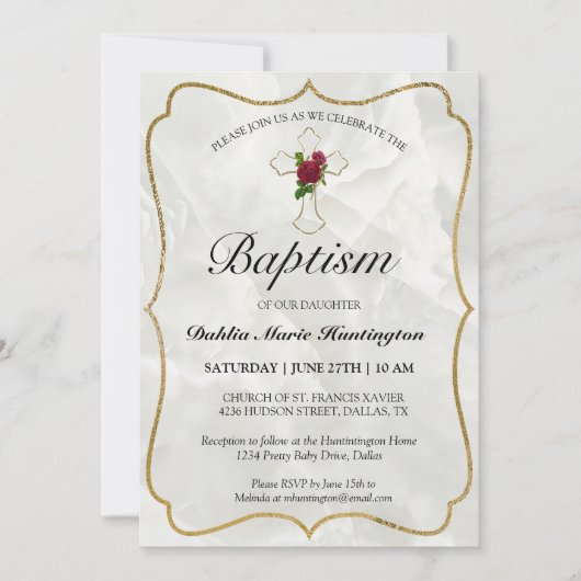 大理石エレガント金ゴールドベビーガールズバプテスマ 招待状 (正面)
