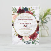 大理石エレガント金ゴールドマルサラネイビーブルーフローラ開花 招待状 (スタンド正面)