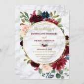 大理石エレガント金ゴールドマルサラネイビーブルーフローラ開花 招待状 (正面/裏面)