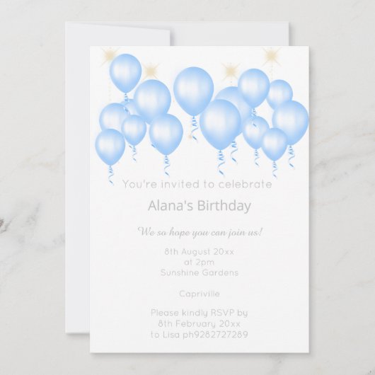 大理石エレガント青風船誕生日 招待状 (正面)