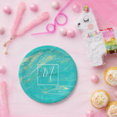 大理石エレガント高級金ゴールドブルーデザインモノグラム ペーパープレート (パーティー)