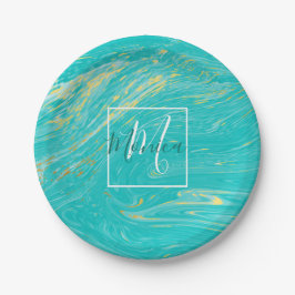 大理石エレガント高級金ゴールドブルーデザインモノグラム ペーパープレート