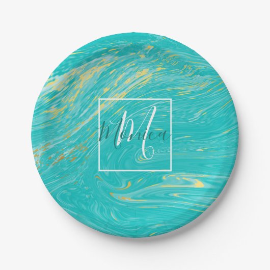 大理石エレガント高級金ゴールドブルーデザインモノグラム ペーパープレート (正面)