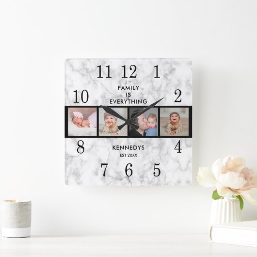 大理石エレガント4フォトコラージュファミリー引用文 スクエア壁時計 (ホーム)
