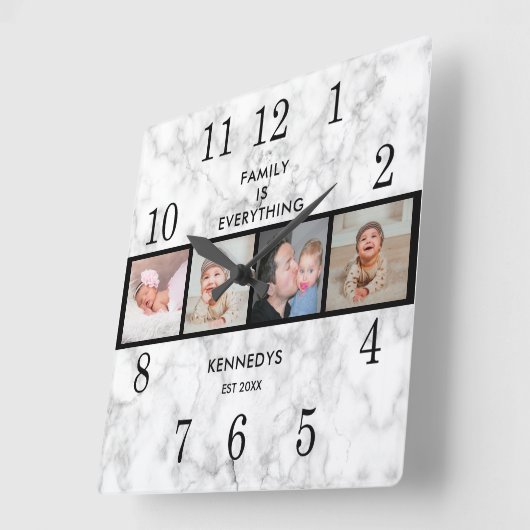 大理石エレガント4フォトコラージュファミリー引用文 スクエア壁時計 (傾斜)