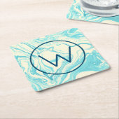 大理石カッコいいデザインインターコイズとクリームモノグラム スクエアペーパーコースター (アングル)
