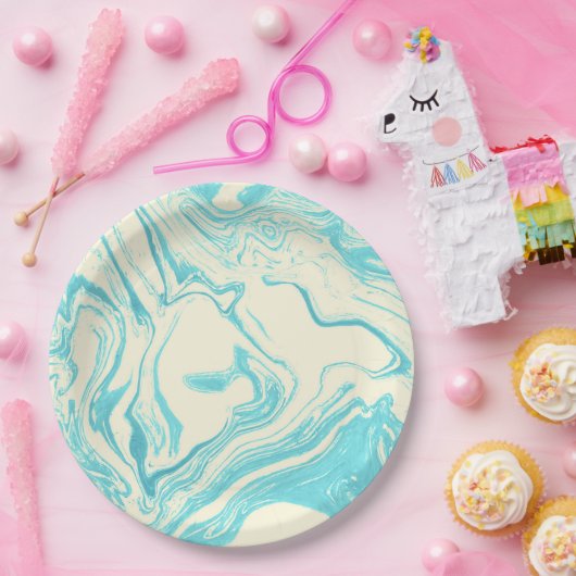 大理石カッコいいデザインターコイズとクリーム ペーパープレート (パーティー)