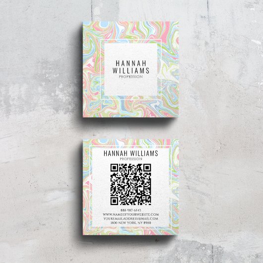 大理石カラフル虹QRコード液体ボーモダンホ スクエア名刺