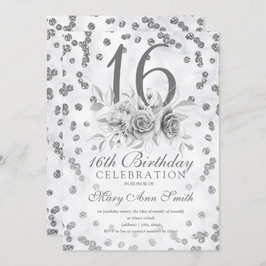 大理石ガーリーグリッターシルバーフローラスウィート16th 招待状 (正面/裏面)