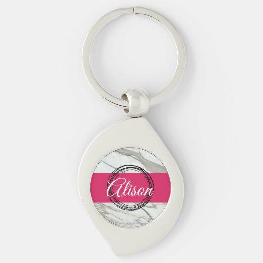 大理石ガーリーピンク名前をカスタムするミニマルデザイン キーホルダー (正面)