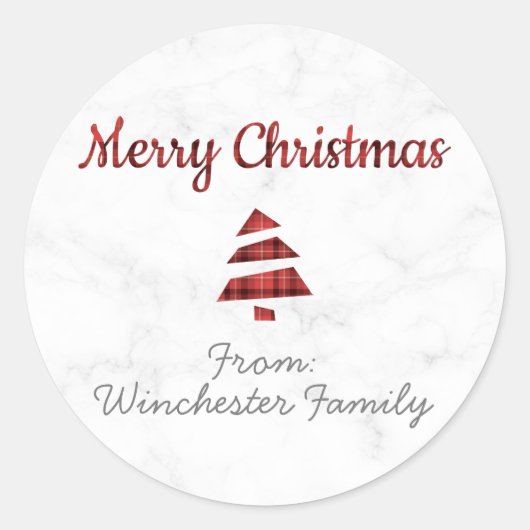 大理石クリスマスツリー(タータンチェック：赤と黒) ラウンドシール (正面)