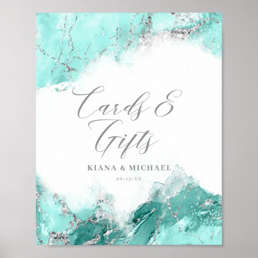 大理石グリッターカード&ギフトティール(緑がかった色)シルバーID644 ポスター (正面)