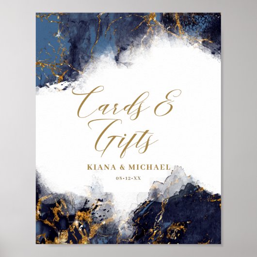 大理石グリッターカード&ギフトネイビーブルー金ゴールドID644 ポスター (正面)