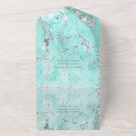 大理石グリッター結婚のティール(緑がかった色)/シルバーID644 オールインワン招待状 (外側)