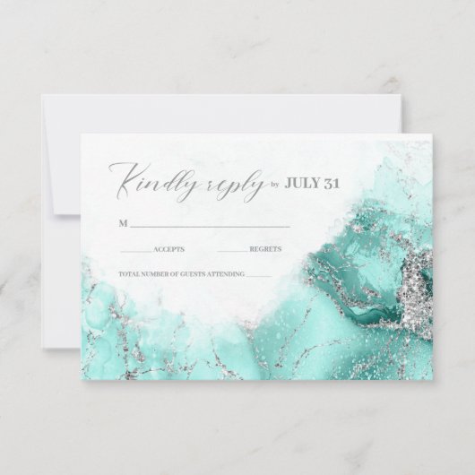 大理石グリッター結婚のティール（緑がかった色）シルバーID644 出欠カード (正面)
