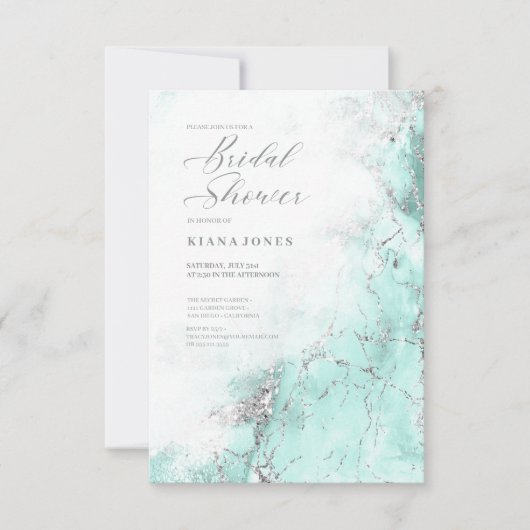 大理石グリッター結婚のティール(緑がかった色)シルバーID644 招待状 (正面)