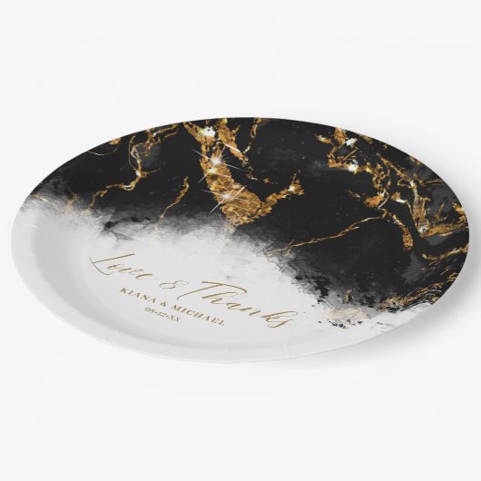 大理石グリッター結婚のブラック金ゴールドID644 ペーパープレート (アングル)
