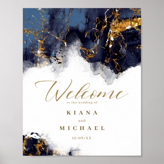 大理石グリッター結婚ズウェルカムネイビー金ゴールドID644 ポスター (正面)