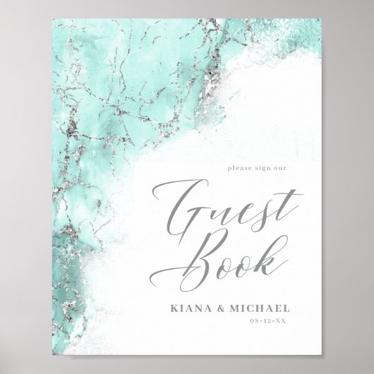大理石グリッター結婚ズゲストティール(緑がかった色)シルバーID644 ポスター (正面)