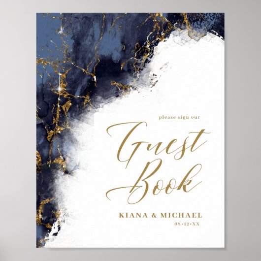 大理石グリッター結婚ズゲストネイビーブルー金ゴールドID644 ポスター (正面)