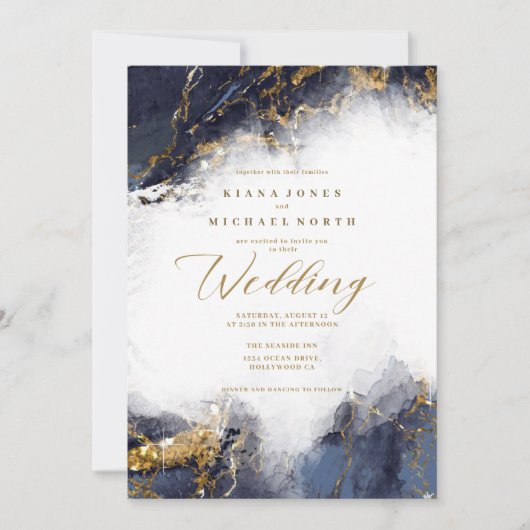 大理石グリッター結婚ズネイビーブルー金ゴールドID644 招待状 (正面)