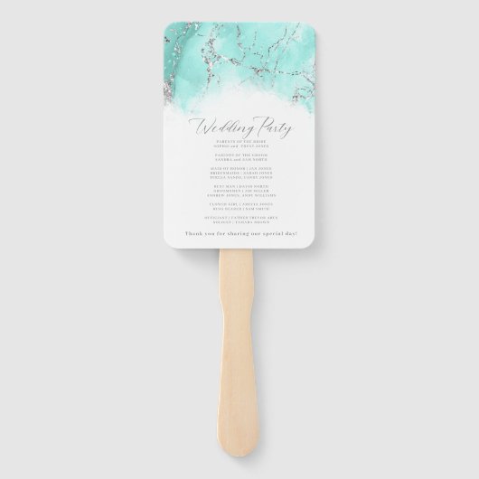 大理石グリッター結婚式 プログラムティール(緑がかった色)銀ID644 ハンドファン (裏面)