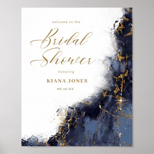 大理石グリッター ブライダルシャワー ネイビーブルー ゴールド ID644 ポスター (正面)