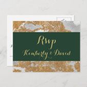 大理石グリーンと金ゴールド結婚式の出欠はがき インビテーションポストカード (正面/裏面)
