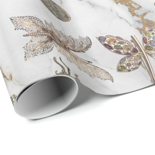 大理石グレー金ゴールドメドーバタフライ昆虫ジェム ラッピングペーパー (ロールコーナー)