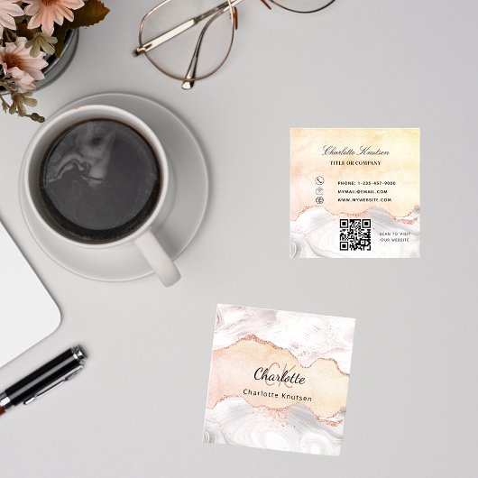 大理石ゲートバラ金ゴールドモノグラムQRコード スクエア名刺